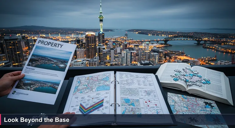A professional in Auckland at dusk, on a balcony overlooking the city skyline with the Sky Tower, holding two property listings that symbolize comparing AI job offers based on base salary and total compensation.