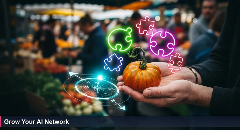 Hands holding a ripe heirloom tomato at a bustling Auckland farmers market, symbolizing discovery through AI community connections.