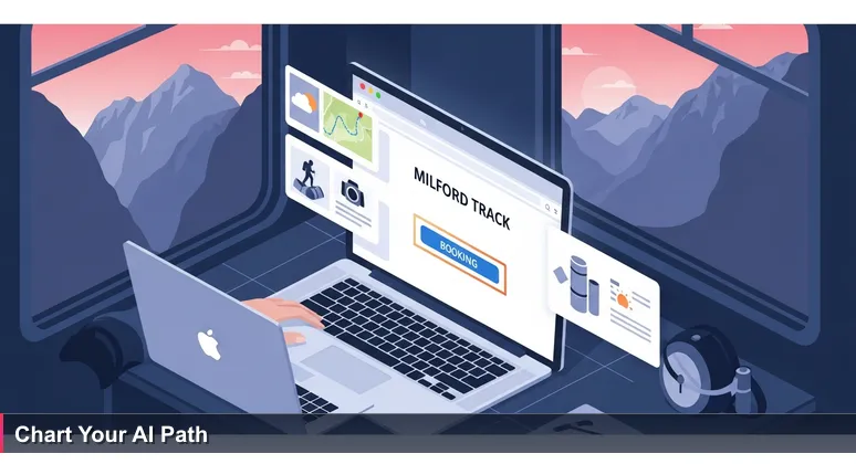 A hiker's hand at dawn hovers over a laptop showing the Department of Conservation's Great Walks booking page, with mountain silhouettes visible through a window.