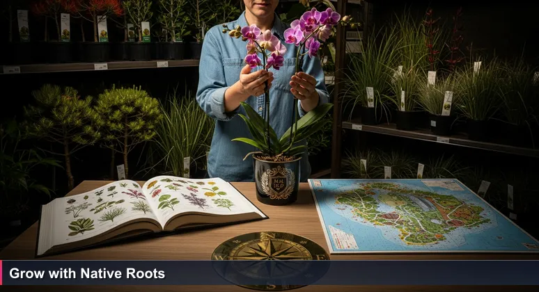 A person in a Kiwi garden centre holding an exotic orchid, with native pōhutukawa and flaxes overlooked, symbolising cybersecurity job choices in New Zealand.