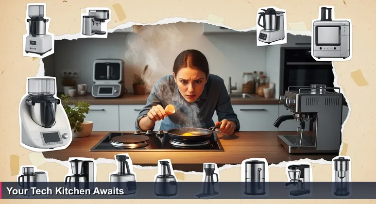 A Kiwi in a modern community kitchen with unused high-end appliances, using a simple hotplate, symbolizing access to free tech training resources in New Zealand.