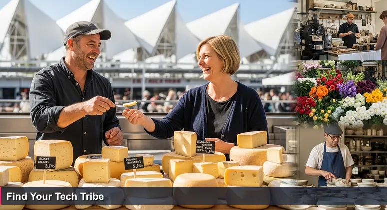 A lively Auckland farmers' market at dawn with a cheesemonger offering a taste to a customer, representing the search for the ideal tech workspace community in New Zealand.
