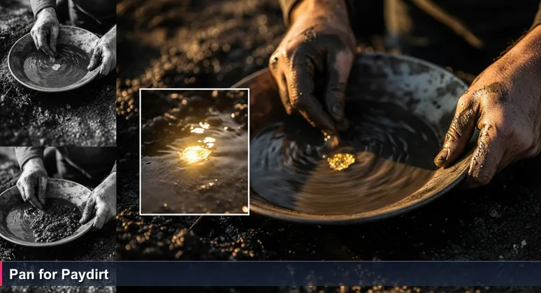 Close-up of a prospector's muddy hands panning for gold in a tin pan, with a fleck of gold glinting among dark sediment, symbolizing finding tech opportunities in New Zealand.