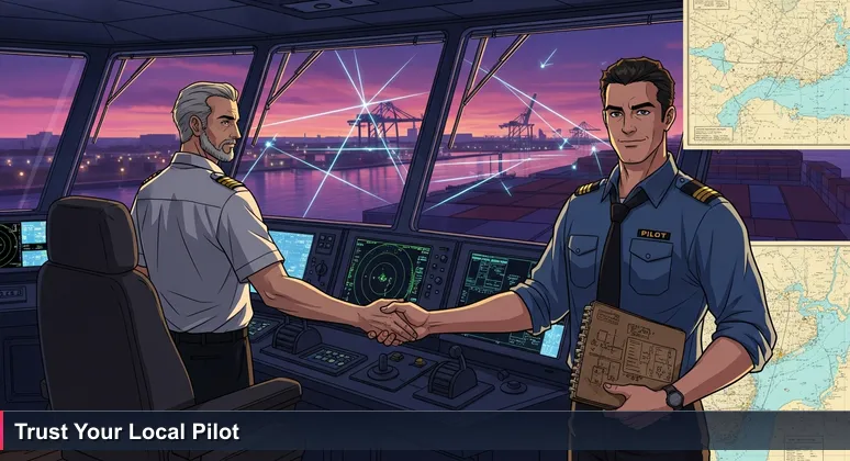 A harbor pilot and ship captain on a cargo ship bridge at Port of Virginia sunset, symbolizing expert guidance for navigating tech funding options.