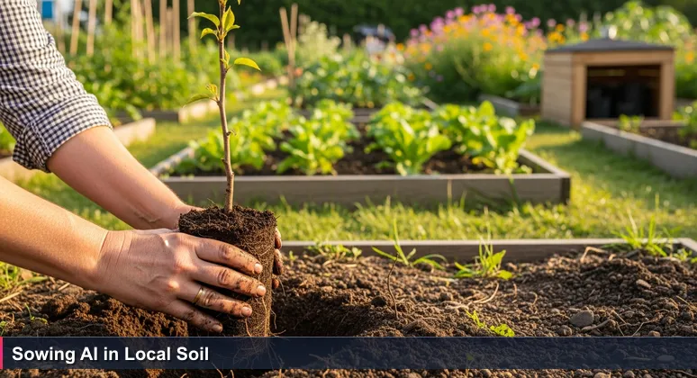 Weathered hands planting a young fruit tree in Suffolk's community garden soil, symbolizing the cultivation of AI startups in local industries.