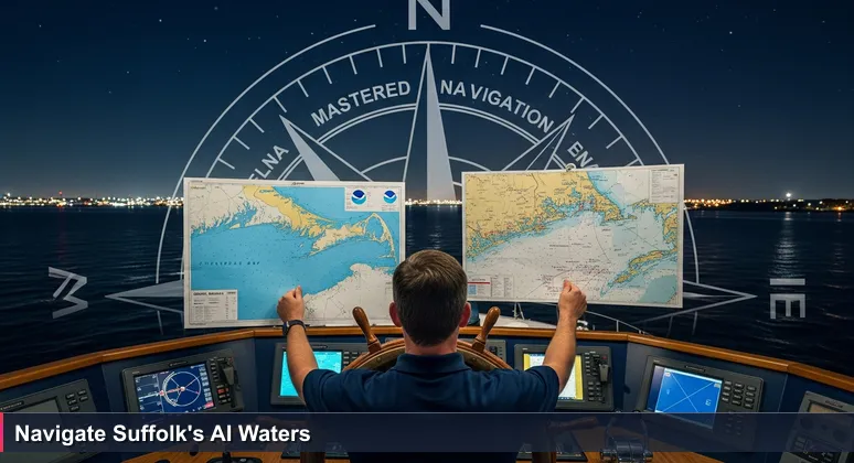A ship's captain on the bridge at night in Hampton Roads harbor, holding an official NOAA chart and a worn local chart, symbolizing AI salary navigation.