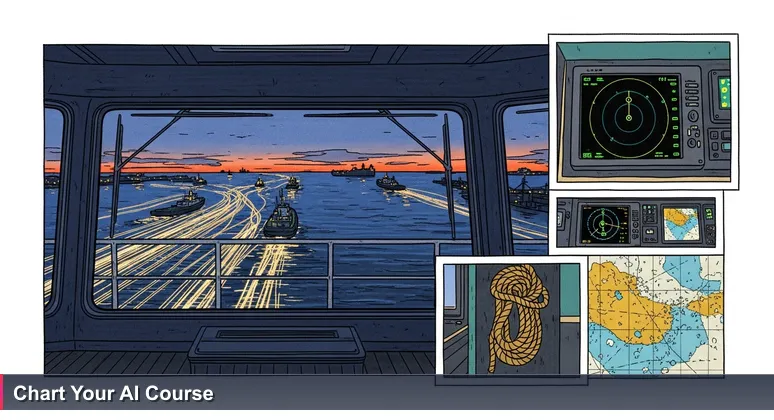 Predawn view from a container ship in Hampton Roads harbor, with glowing trails of vessels on dark water representing AI career currents.