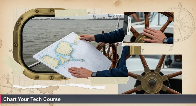Close-up of hands holding a nautical chart and ship's wheel on a training ship bridge, with Hampton Roads' Elizabeth River and Port of Virginia cranes in the background.