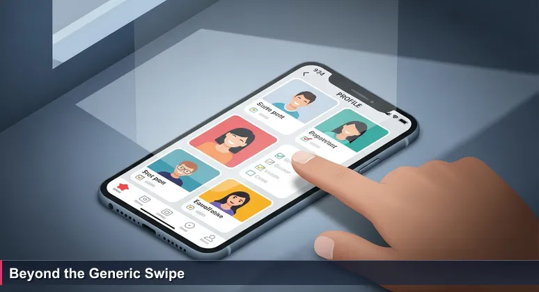 Smartphone screen showing a dating app with a profile and bio, a thumb hovering over it, symbolizing the choice of an AI bootcamp in Suffolk, Virginia.