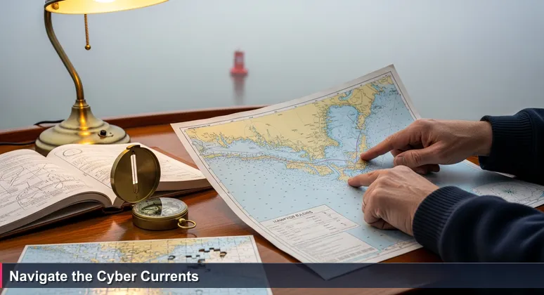Weathered hands trace a path on a nautical chart of Hampton Roads harbor, with a foggy channel marker in background, representing cybersecurity career navigation in Suffolk, VA.