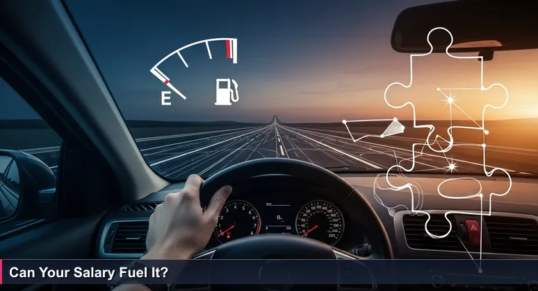 Tense hand on steering wheel at dusk, eyeing a low fuel gauge and distant exit sign, representing budget uncertainty for tech pros in Suffolk, VA.