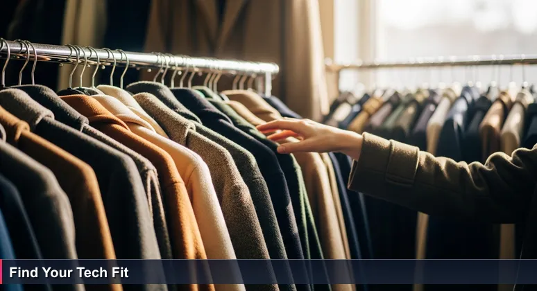 A hand gently flipping through a rack of assorted coats in a sunlit thrift store, symbolizing the search for hidden, accessible tech training resources in Suffolk, VA