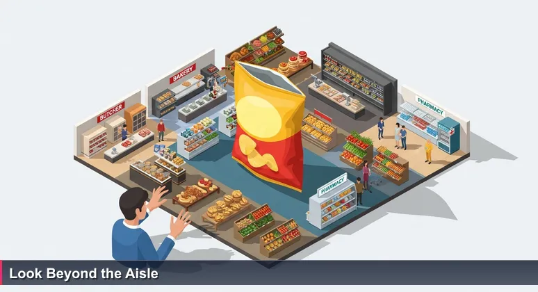 Hand reaching for empty chip shelf in grocery store, with pharmacy and butcher counter in background, symbolizing hidden AI career opportunities in Suffolk.