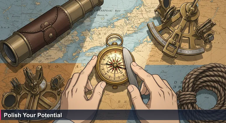 Close-up of skilled hands polishing an antique nautical compass on a maritime chart of Chesapeake Bay.