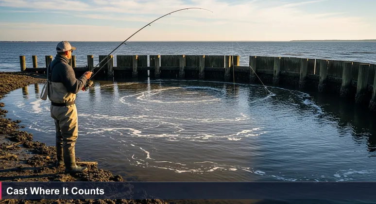 A surf fisher at dawn on a Suffolk riverbank casting a line into a calm eddy around old dock pilings, symbolizing targeted job searching in the local tech startup ecosystem.
