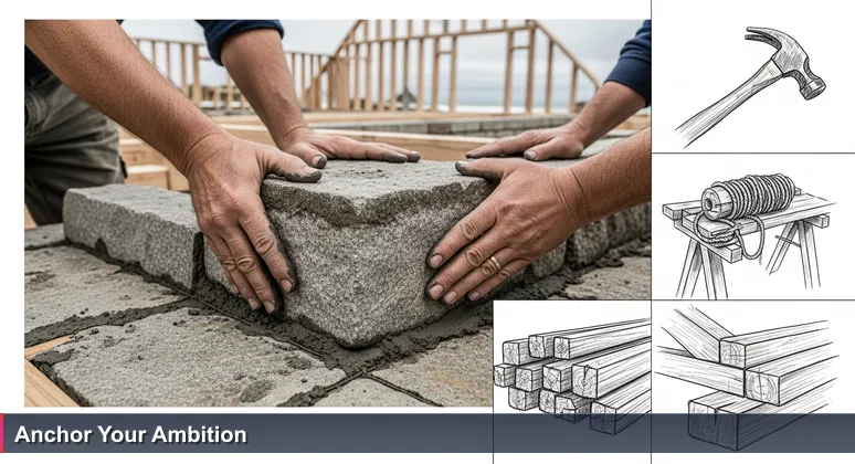 Close-up of collaborative hands placing a cornerstone into wet mortar, symbolizing foundational support for women's tech careers in Suffolk, Virginia's Hampton Roads region.