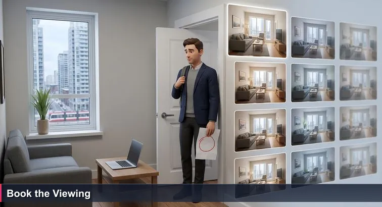 Young professional in a small Toronto apartment holding a crumpled “Top 10 Cheapest Rentals” printout, laptop on a tiny couch, view of condo towers outside the window.