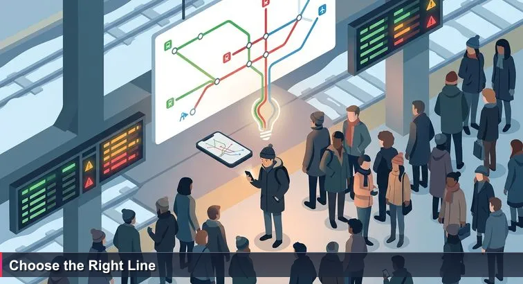Crowded Toronto Union Station platform in winter with commuters, a brightly coloured transit map overhead, and a departures board showing delays and limited service.