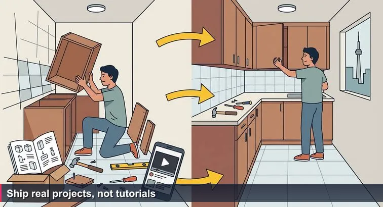 Person in a narrow Toronto condo kitchen assembling flat-pack cabinets against a visibly crooked wall, instruction booklet and loose screws scattered, phone showing a paused tutorial.