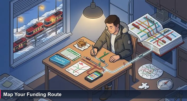Young professional at a Toronto kitchen table at dusk, winter boots on, spread of TTC map, GO timetable, PRESTO card and phone with transit app, planning routes like funding options.