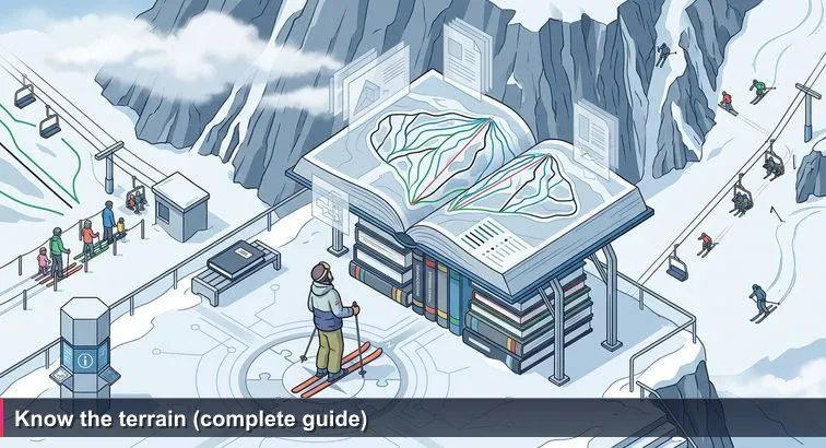 A skier in rental boots studies a large colourful Whistler trail map at the base, with jagged cloud-shrouded mountain slopes and skiers heading toward varied runs in the background.