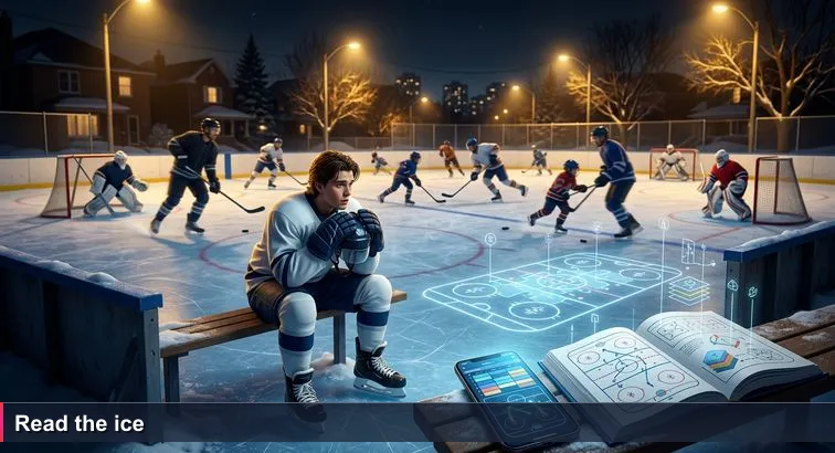 Nighttime Toronto outdoor hockey rink with overlapping pick-up games; a lone person sits on the boards in new skates holding a helmet, phone with an event schedule glowing beside them.