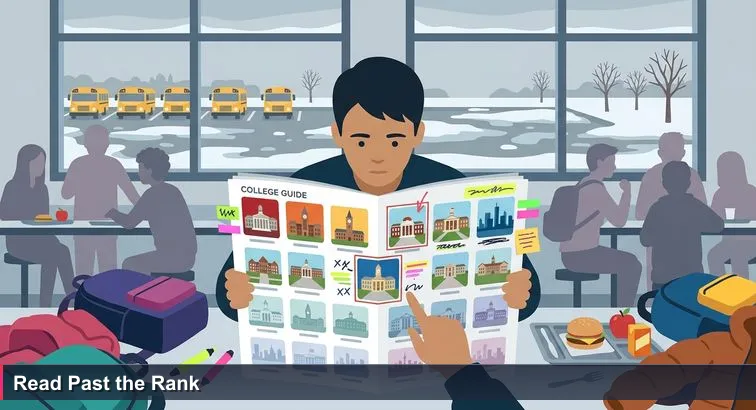 A Grade 12 student at a crowded Canadian school cafeteria, coat and backpack nearby, studying a dog-eared Maclean’s “Top Universities in Canada” issue covered in neon highlights and sticky notes; grey slush and yellow school buses visible outside the window.