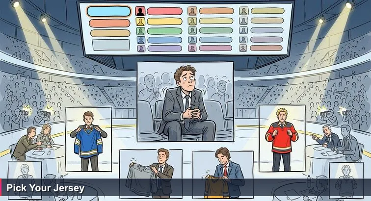 A tense NHL draft scene in a packed arena: a giant scoreboard lists ranked prospects while a nervous young person in an ill-fitting suit watches, capturing the draft-as-career-choice metaphor.