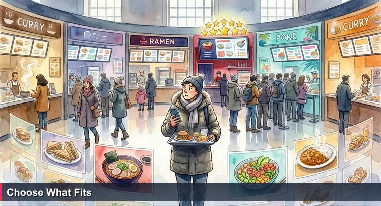 Busy Union Station food court at noon with digital ‘Top Rated’ badges over food stalls; a person in a winter coat stands in the center holding a tray and looking overwhelmed while scrolling on their phone, evoking the bootcamp choice dilemma.