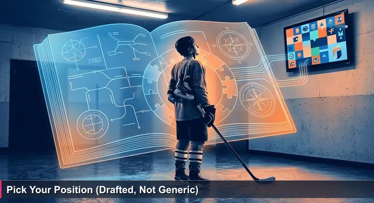 Inside a small-town Canadian hockey arena lobby, a teenager watches an NHL draft on a corner TV as team logos fill a draft board, evoking the cyber hiring draft metaphor.
