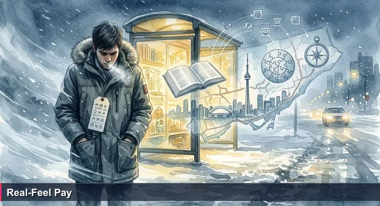 Young professional in a winter parka at a snowy Toronto bus stop at night, breath visible, bus delayed, skyline ad reading ‘Build the Future in Tech’ in the background.