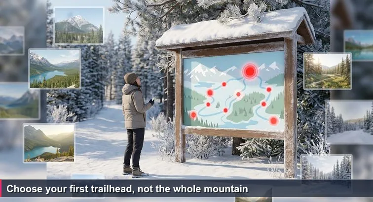 Late-winter Banff trailhead: wooden map board with ten red dots, a newcomer in a parka with a phone, and a snow-covered trail disappearing into frosted pines.