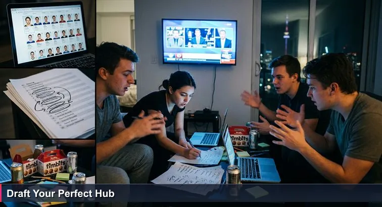 A dim Toronto apartment on NHL draft night: four friends around a coffee table with laptops, draft sheets, empty Timbits boxes and a TV countdown clock.