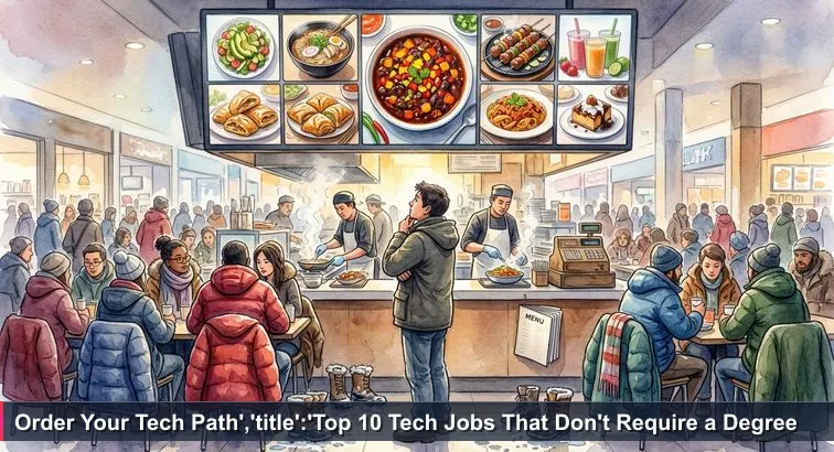 A wintertime Canadian mall food court with a person in a coat studying a bright “Top 10 favourites” menu board above a busy stall, boots on a slushy floor and cooks working behind the counter.