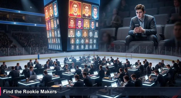 A crowded NHL arena at draft night: bright stage lights on the Top 10 screen, team tables below, and a lone anxious 19-year-old in the cheap seats clutching his phone.