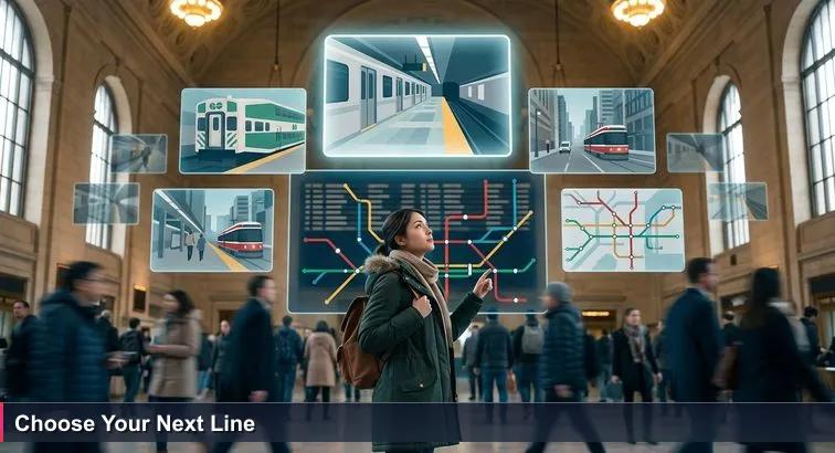 A young woman in a winter coat stands at Toronto’s Union Station rush hour, backpack over one shoulder, staring up at a large departures board and transit map while commuters blur past.