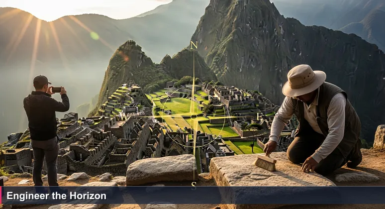 A tourist at Inti Punku photographing Machu Picchu at dawn, with an archaeologist carefully excavating Inca stonework in the foreground.