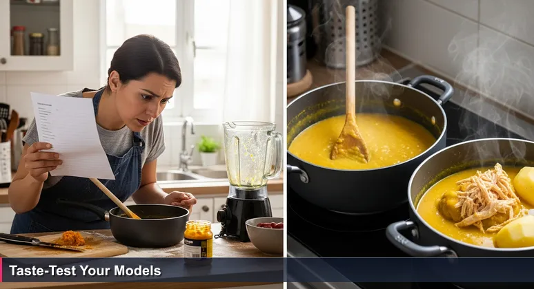 Frustrated cook in Lima kitchen with failed ají de gallina, representing the challenge of applying AI tutorials to real-world Peruvian problems.