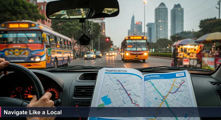 Driver's view in Lima at dusk with GPS showing a route, chaotic traffic on Javier Prado, and San Isidro's corporate towers in the distance.
