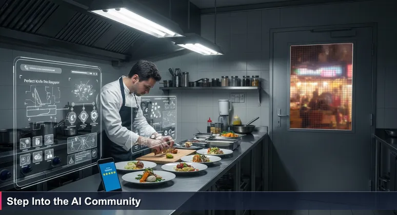Illustration contrasting an isolated AI professional in a sterile modern kitchen with a vibrant AI community gathering in a Lima street market, symbolizing the power of networking in Peru's ecosystem.