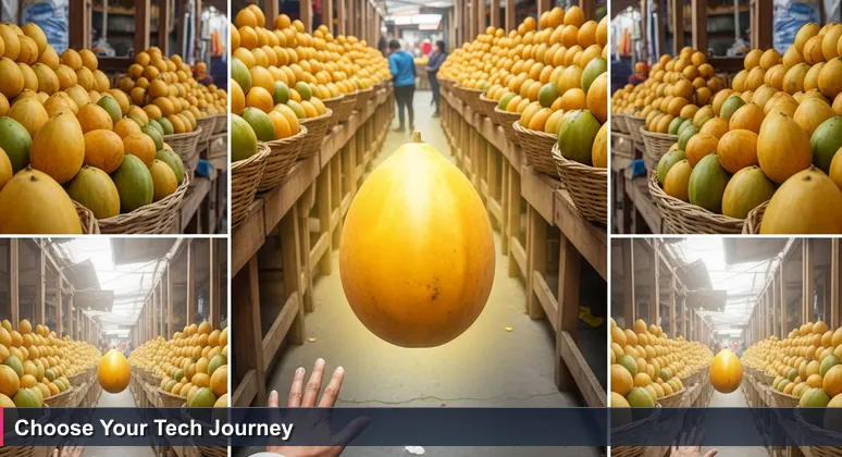 First-person view of a bustling Lima mercado aisle with lúcuma fruits, symbolizing the abundance of tech career choices for Peruvians.