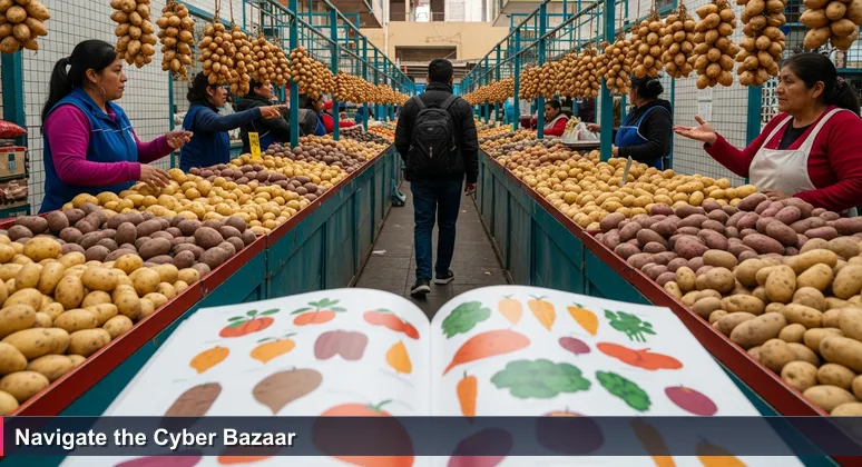 A confused shopper at a bustling Lima market contrasts with a local confidently navigating to a specific stall, symbolizing strategic career navigation in Peru's cybersecurity job market.