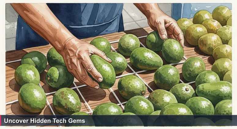 A vendor's hands carefully selecting a ripe avocado from a pile in a bustling Lima mercado, symbolizing the search for quality free tech training in Peru.
