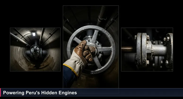 A hand in a weathered glove tightening a large valve in Lima's underground water system, symbolizing AI integration in Peru's essential industries.