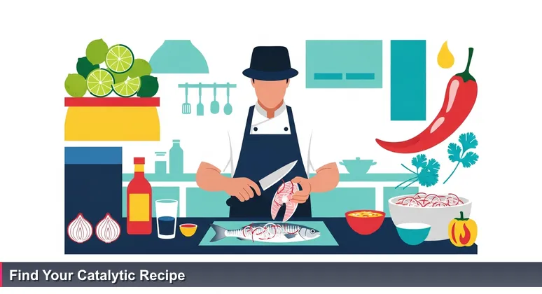 A ceviche chef in a Lima market preparing a dish with tech icons, symbolizing the alchemy of ingredients for startup success in Peru.