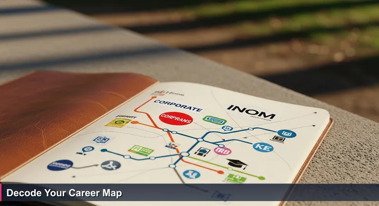 A hand-drawn map in a notebook on a Lima park bench, annotated with tech company logos and salary data, symbolizing the path to tech careers without a degree in Peru.
