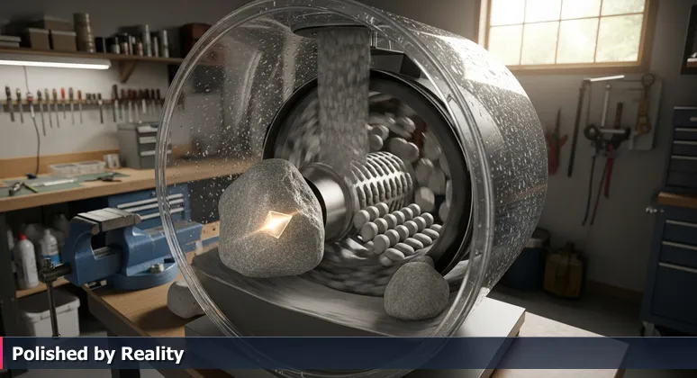A rock tumbler in a garage polishing stones, symbolizing how Livermore's AI startups are refined through real-world challenges and innovation.