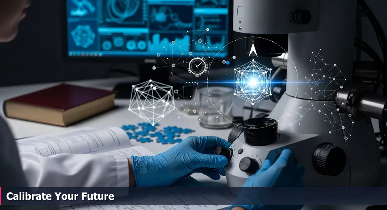 A scientist's hands adjusting calibration knobs on a microscope at Lawrence Livermore National Laboratory, with data streams in the background symbolizing funding clarity.