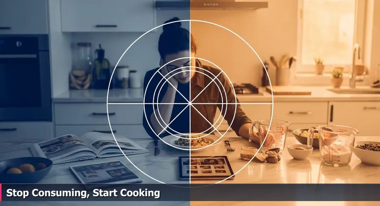 A person in a Livermore-inspired kitchen with AI icons, symbolizing the shift from solo study to collaborative networking in local AI communities.