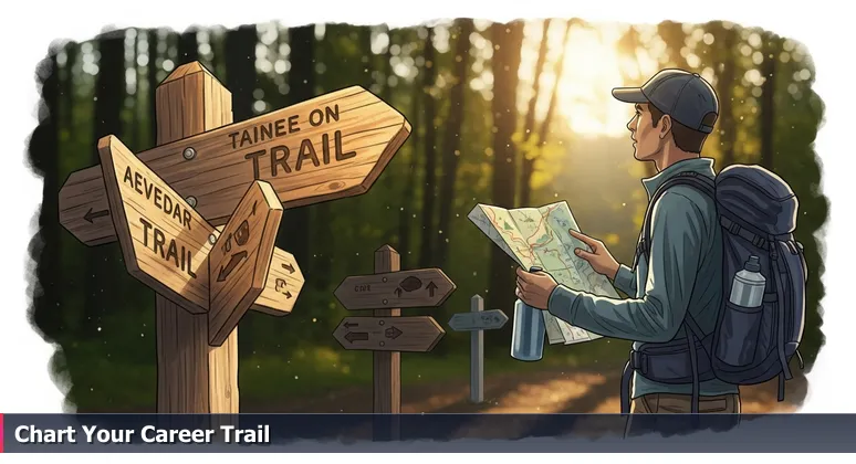 A hiker at a trailhead in Del Valle Regional Park, Livermore, looking at a signpost with multiple trail options, symbolizing career choices in tech.